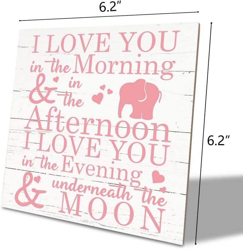 SUSZDOU Love Sign, Wood Plaque Table Art Sign 6.2 * 6.2inch, Elephant Wood Sign for Nursery, Decoration for Baby Girls Room, Daughter's Room Decor, I Love You in the Morning Afternoon Evening & Moon E - Image 2